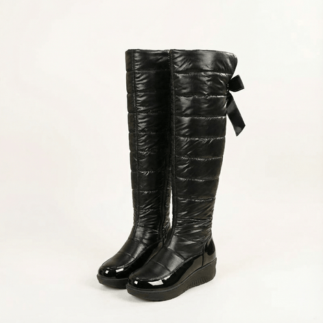 Velura Women's Black Fleece-Lined Quilted Puffer Over-the-Knee Boots with Bow Detail