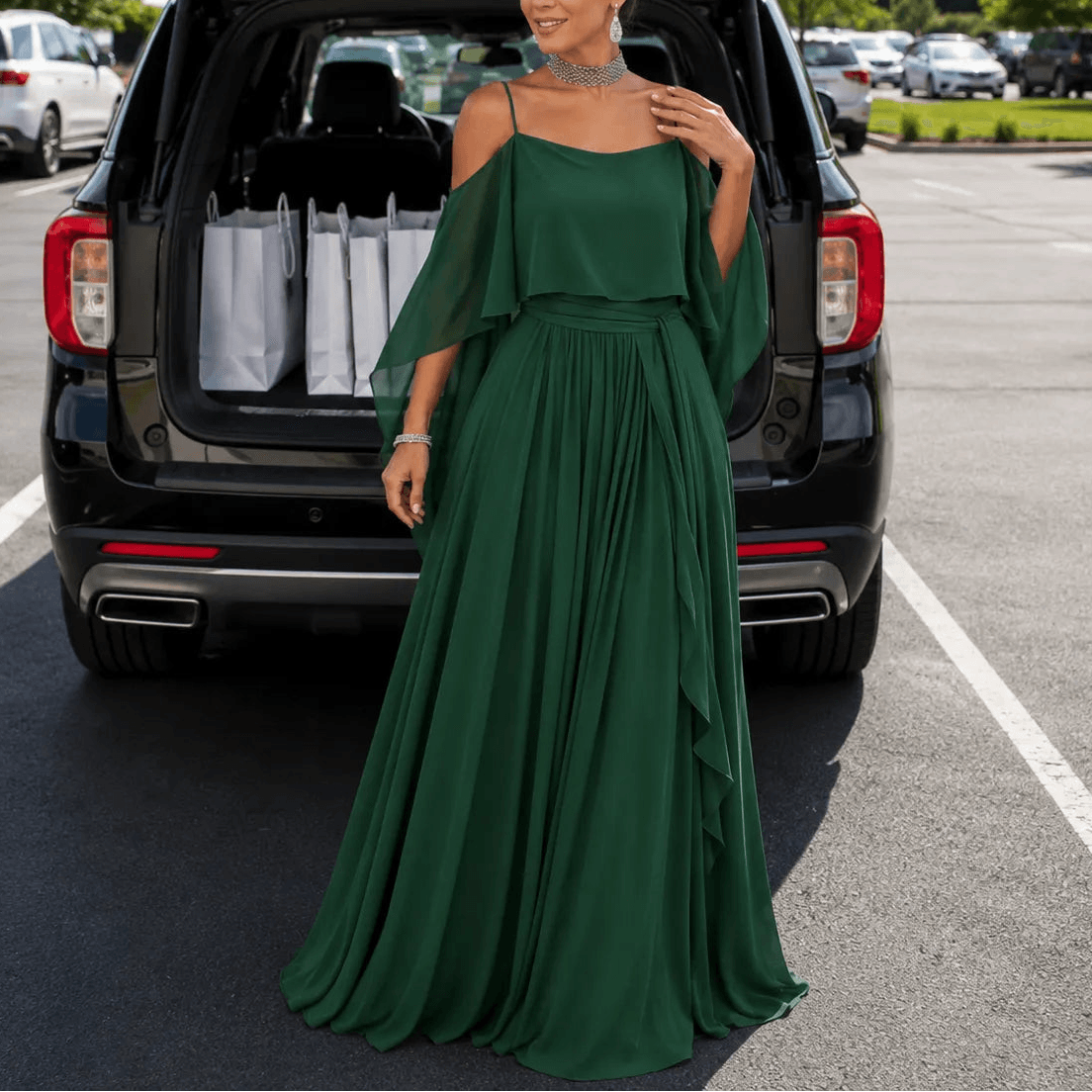 Cold Shoulder Chiffon Women's Midi Dress with Cascading Side Drape