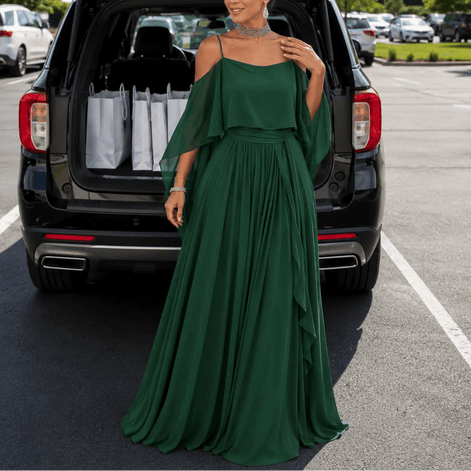 Cold Shoulder Chiffon Women's Midi Dress with Cascading Side Drape