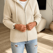 Women's Ribbed Zip-Up Hooded Knit Cardigan with Drawstring Hood