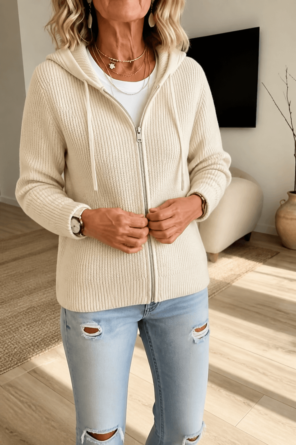 Women's Ribbed Zip-Up Hooded Knit Cardigan with Drawstring Hood