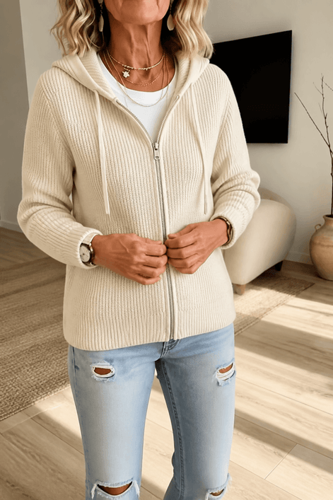 Women's Ribbed Zip-Up Hooded Knit Cardigan with Drawstring Hood