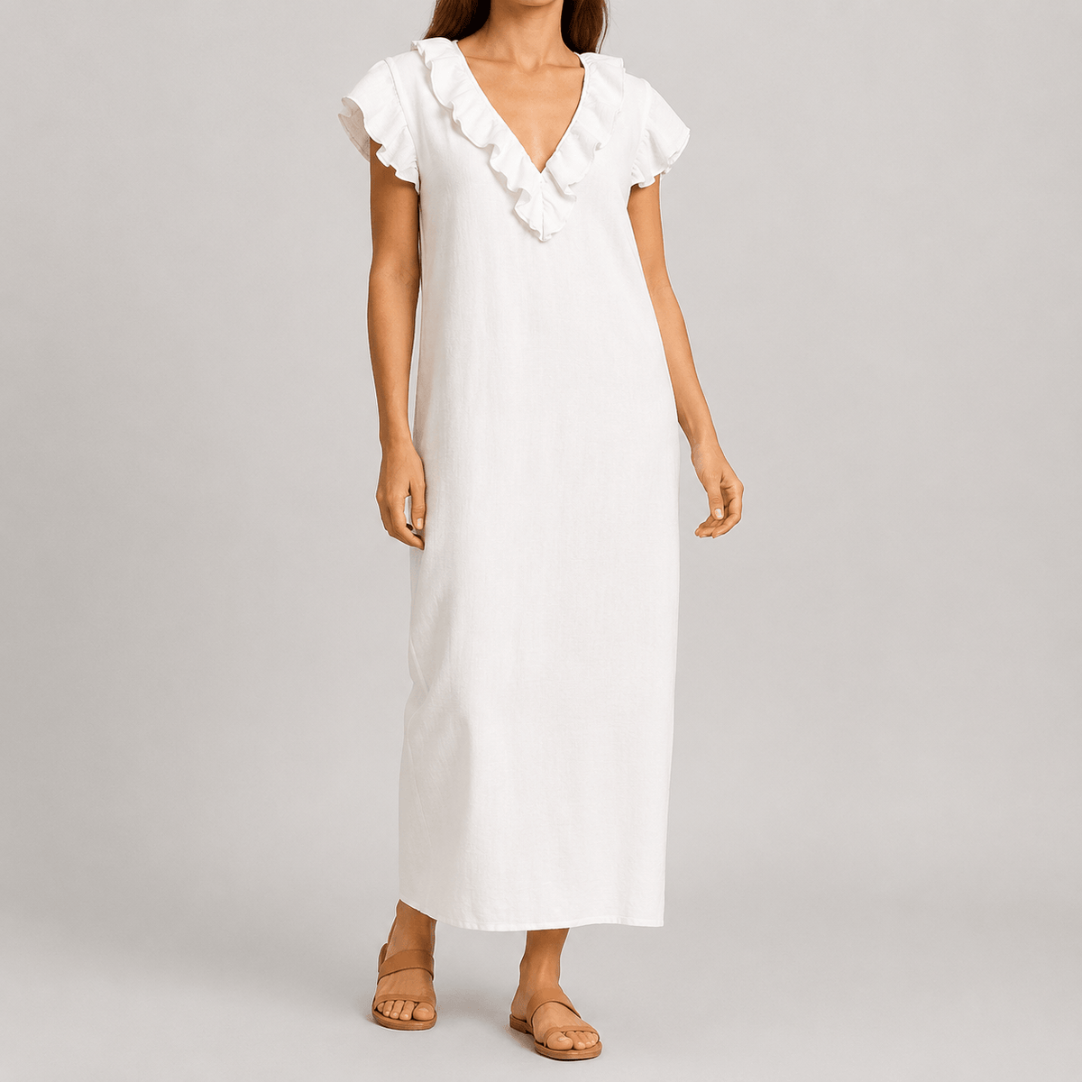 Ruffled V-Neck Linen-Cotton Women's Midi-to-Maxi Dress with Pockets