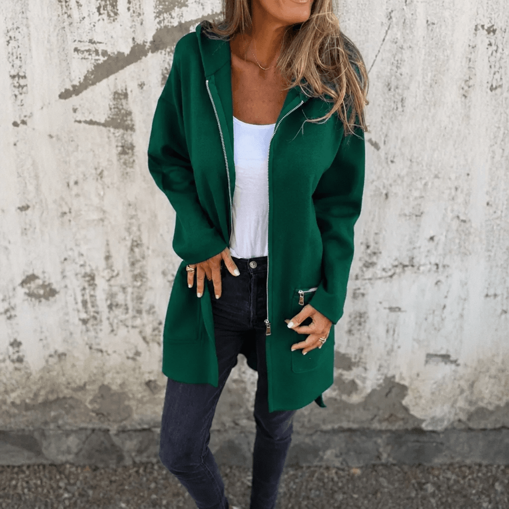 Women's Longline Hooded Zip-Up Jacket with Pockets