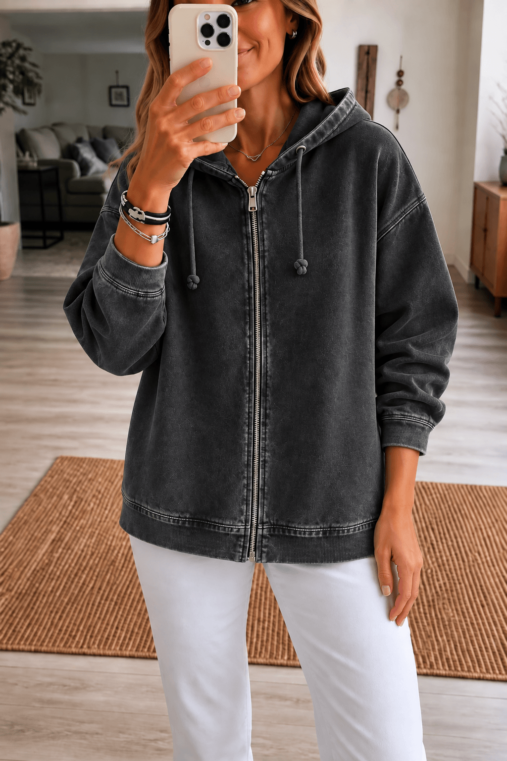 Women's Washed Oversized Zip-Up Hoodie with Lined Hood