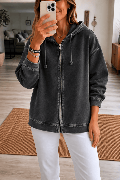 Women's Washed Oversized Zip-Up Hoodie with Lined Hood