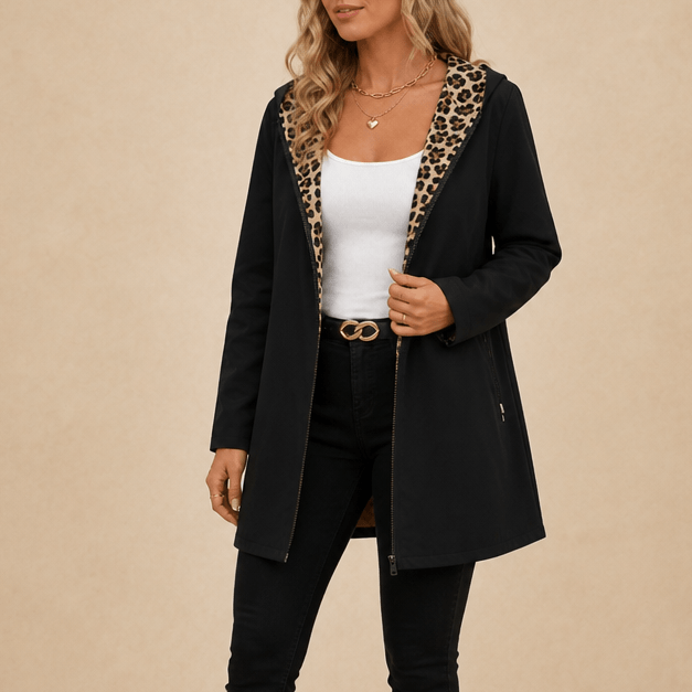 Women's Reversible Hooded Winter Coat with Leopard Print Lining