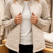Women's Quilted Puffer Jacket with Knit Panel Trim at Waist and Cuffs