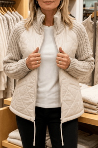 Women's Quilted Puffer Jacket with Knit Panel Trim at Waist and Cuffs