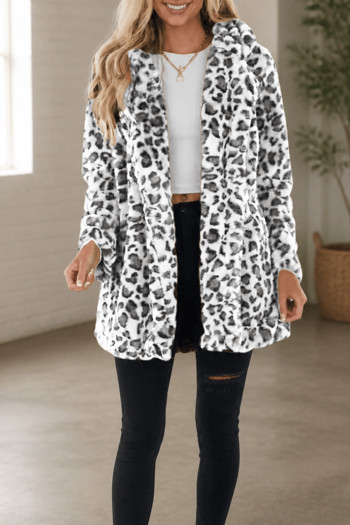 Leora Women's Leopard Print Faux Fur Longline Winter Coat with Open Front