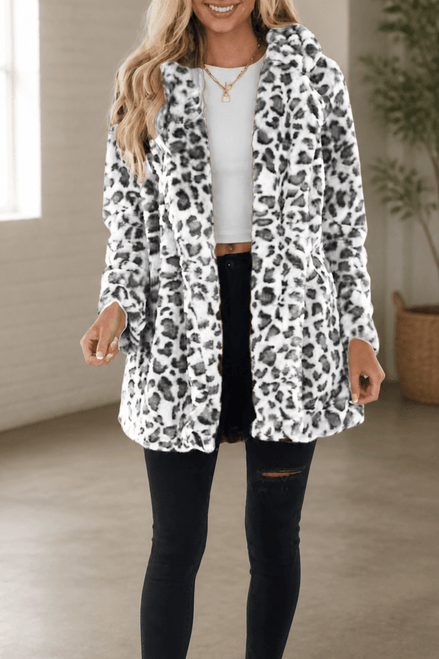 Leora Women's Leopard Print Faux Fur Longline Winter Coat with Open Front