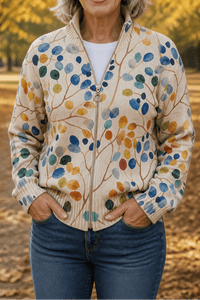Women's Botanical Print Zip-Up Knit Bomber Cardigan