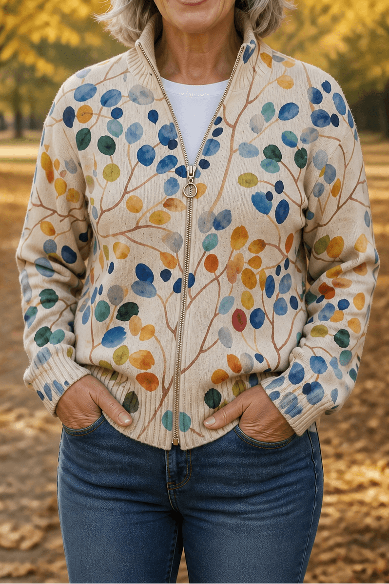 Women's Botanical Print Zip-Up Knit Bomber Cardigan