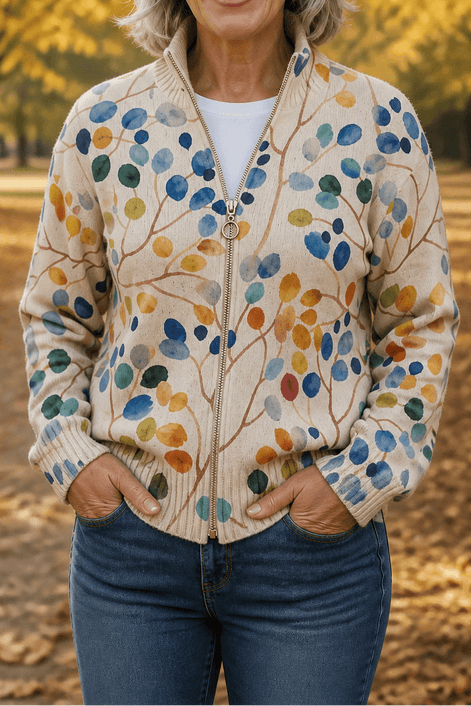 Women's Botanical Print Zip-Up Knit Bomber Cardigan