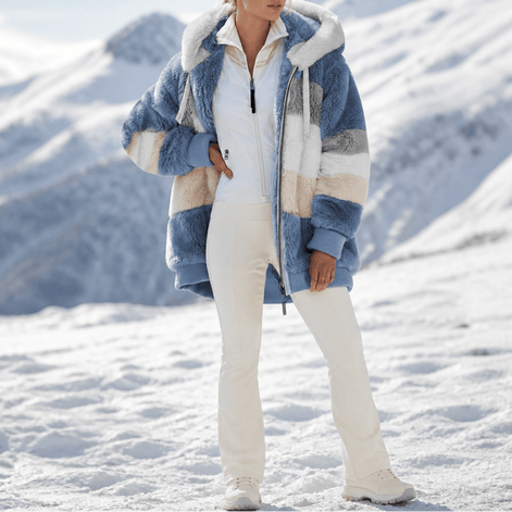 Women's Oversized Color-Block Faux Fur Winter Coat with Hood