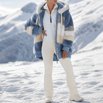 Women's Oversized Color-Block Faux Fur Winter Coat with Hood