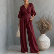 V-Neck Wide-Leg Jumpsuit with Pleated Waist Sash