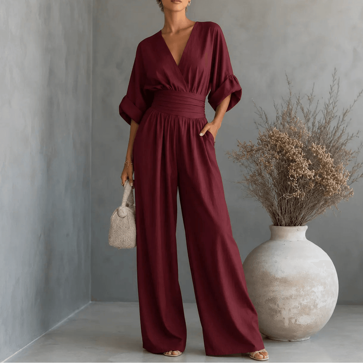 V-Neck Wide-Leg Jumpsuit with Pleated Waist Sash