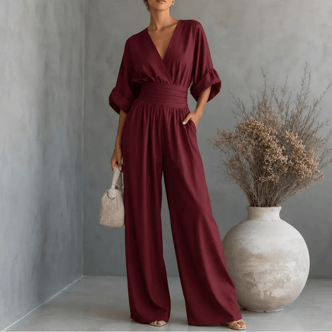 V-Neck Wide-Leg Jumpsuit with Pleated Waist Sash