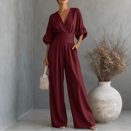 V-Neck Wide-Leg Jumpsuit with Pleated Waist Sash