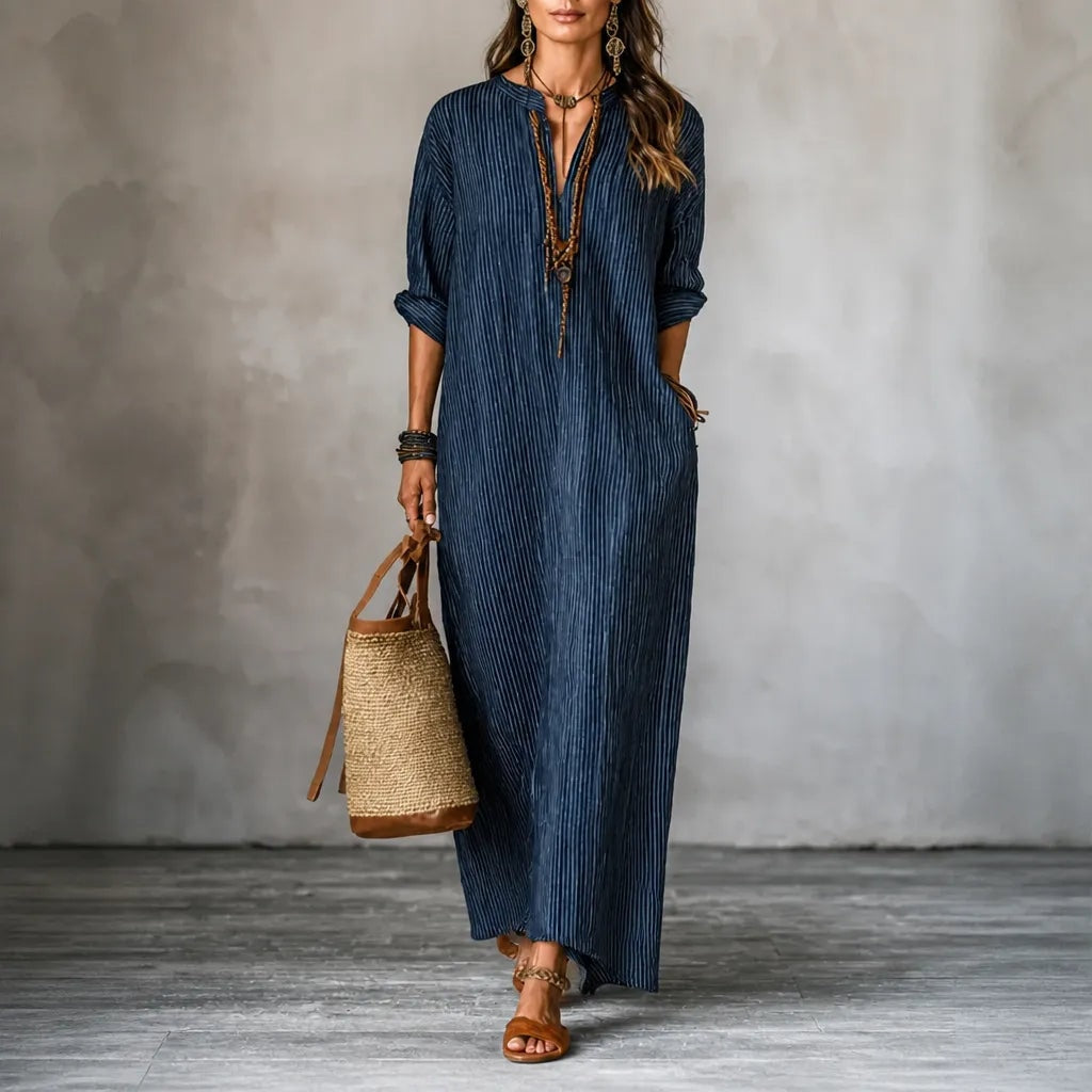 Striped V-Neck Maxi Dress with Pockets and Long Sleeves