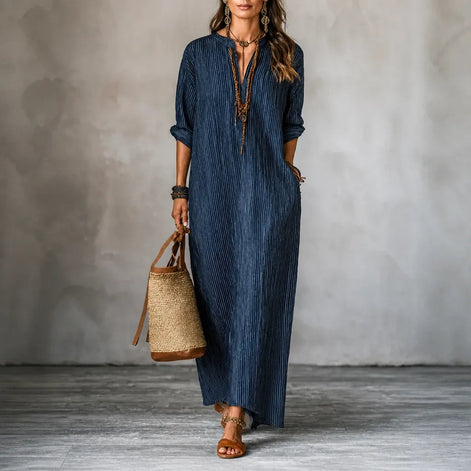 Striped V-Neck Maxi Dress with Pockets and Long Sleeves