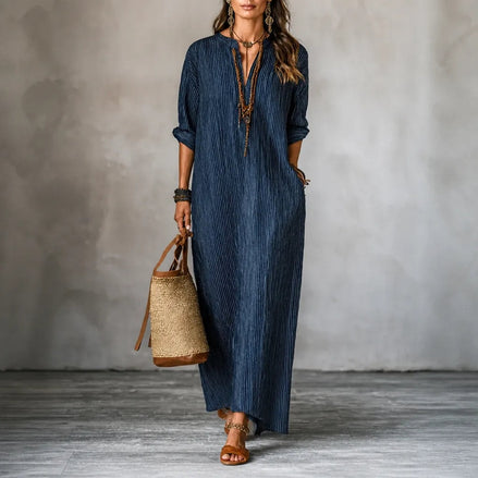 Striped V-Neck Maxi Dress with Pockets and Long Sleeves