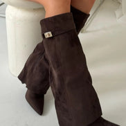 Suede Fold-Over Boots with Gold Buckle Detail for Women