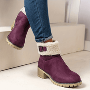 Women's Faux Suede Ankle Boots with Shearling Cuff and Block Heel