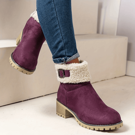 Women's Faux Suede Ankle Boots with Shearling Cuff and Block Heel