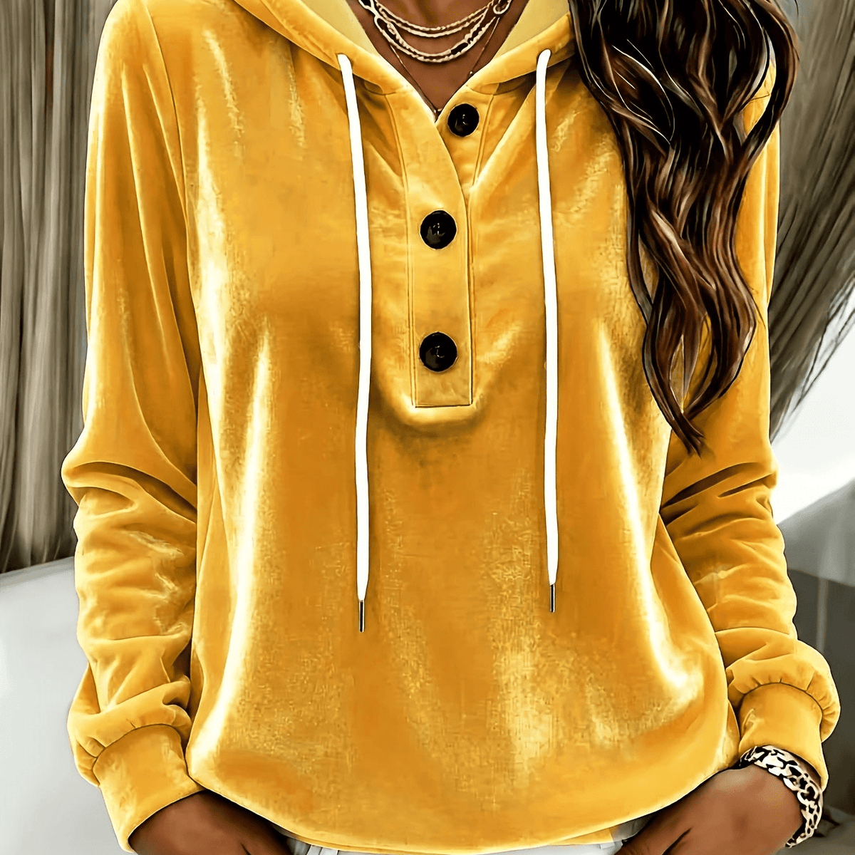 Women's Long-Sleeve Velvet Hoodie with Button Placket and Drawstring