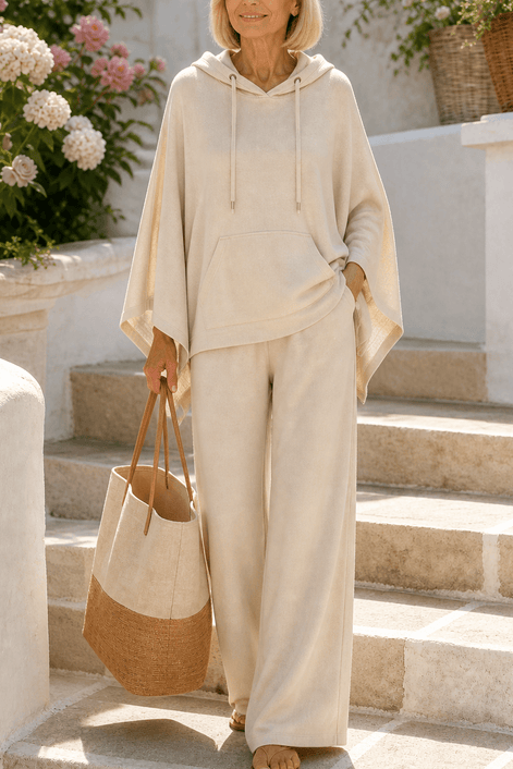 Women's Hooded Cape Top and Wide-Leg Trouser Two Piece Co-Ord Set