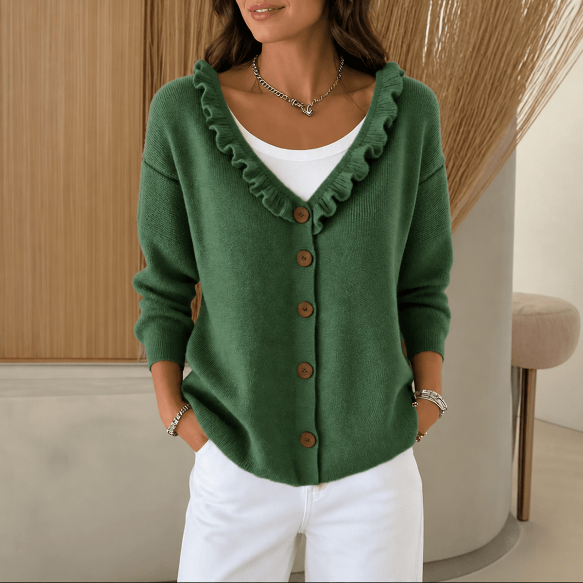 Women's Ruffle Collar Wool-Blend Knitted Cardigan with Button Front