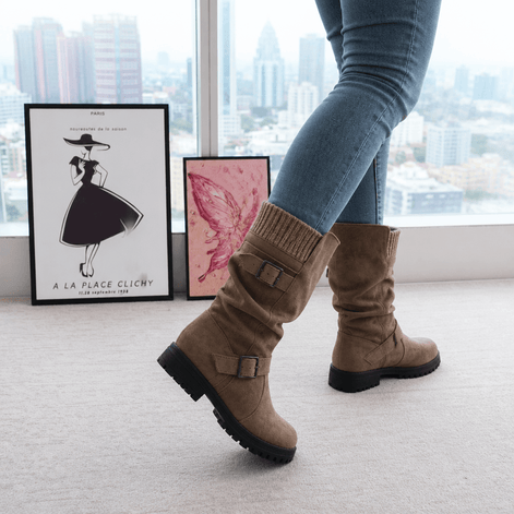 Women's Ribbed Cuff Lug Sole Slouch Boots with Buckle Detail