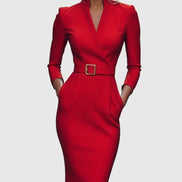 Long Sleeve Belted Bodycon Christmas Dress with Stand Collar