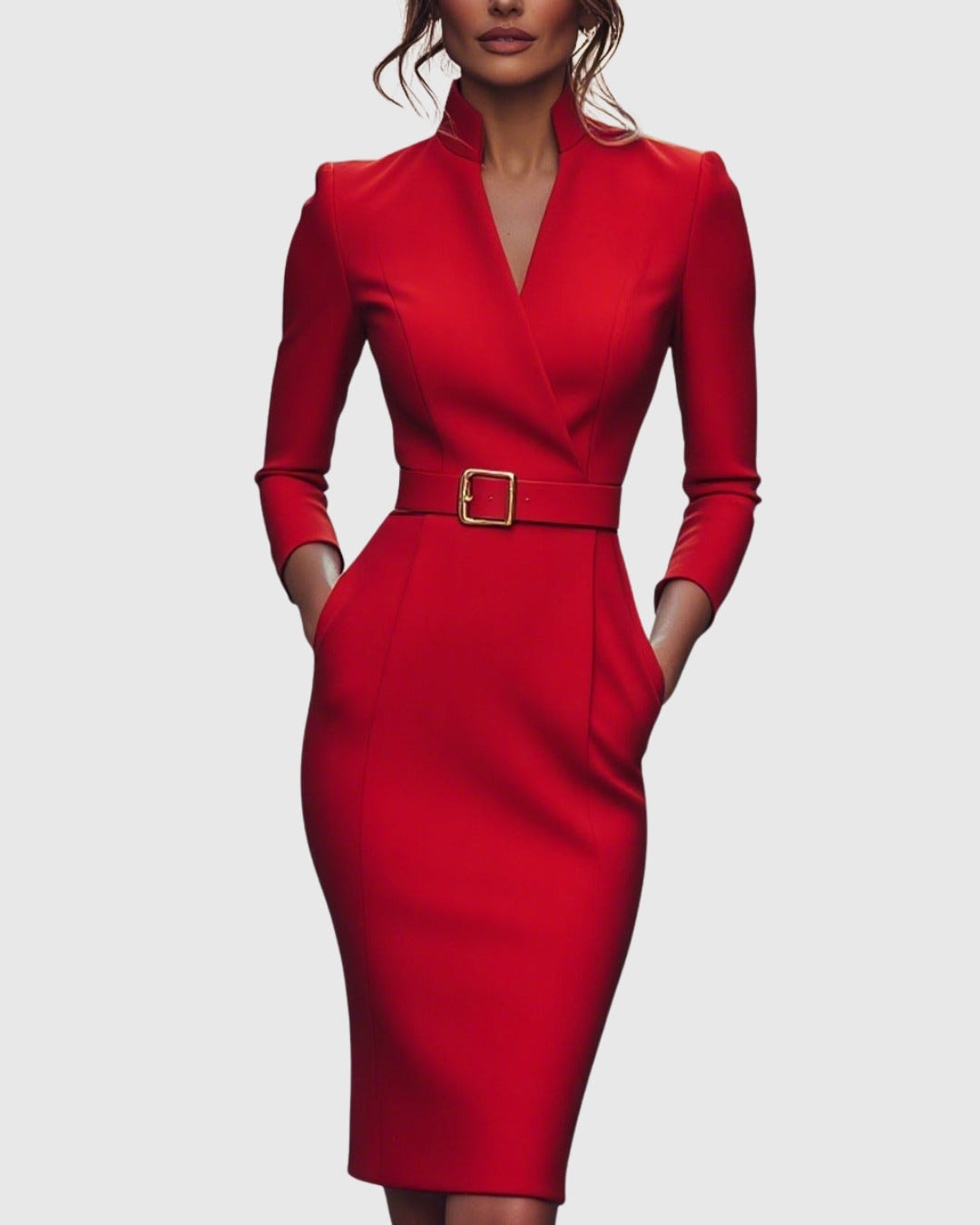 Long Sleeve Belted Bodycon Christmas Dress with Stand Collar