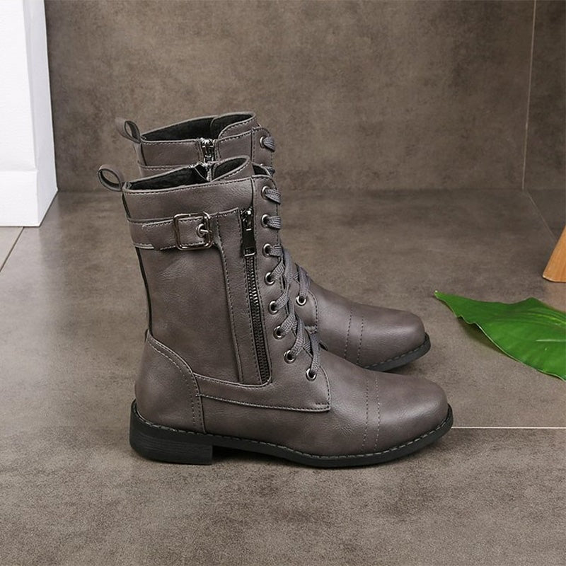 Hazel Faux Leather Combat Boots with Side Zip and Buckle Detail for Women