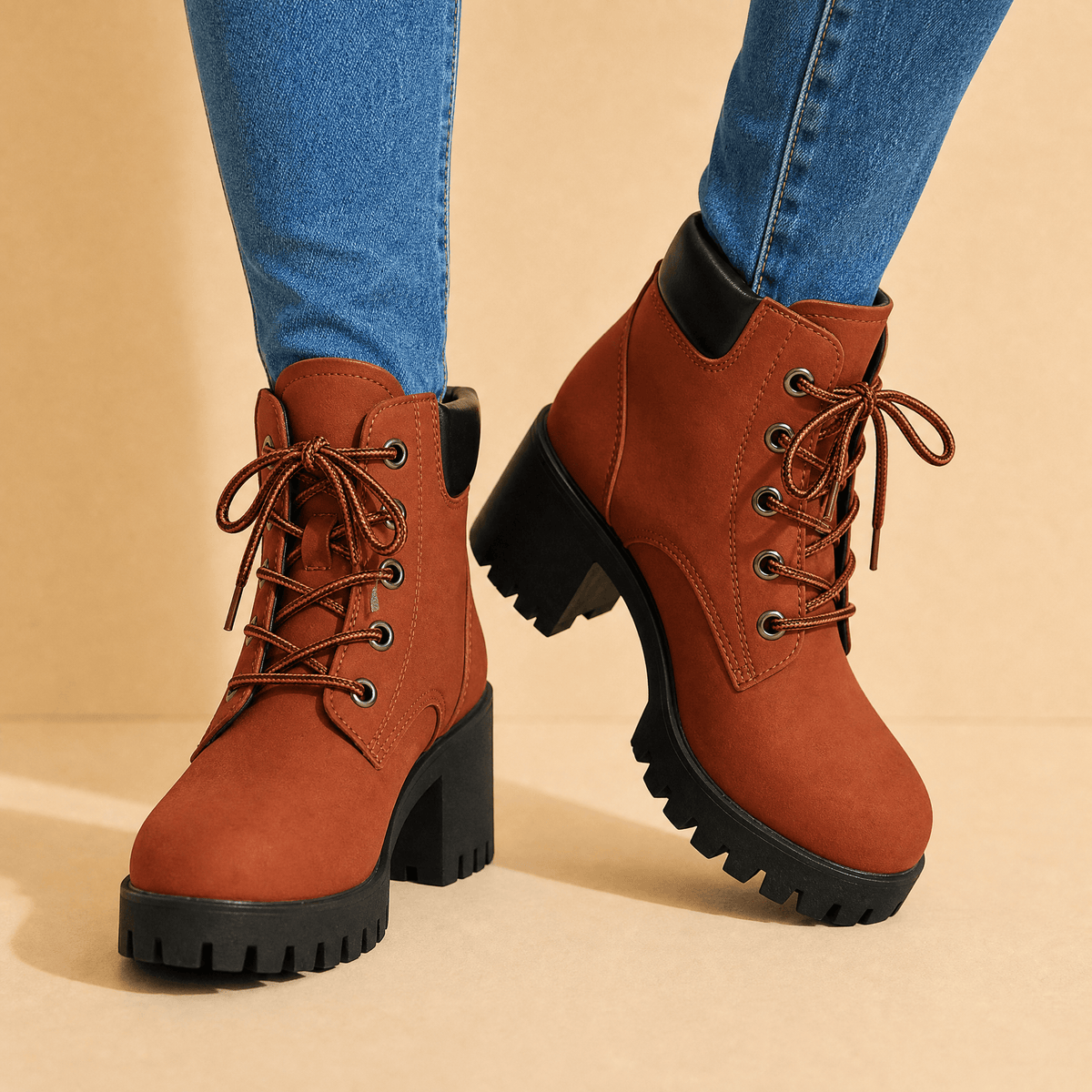 Stridara Lightweight Chunky Platform Combat Boots for Women in PU Leather