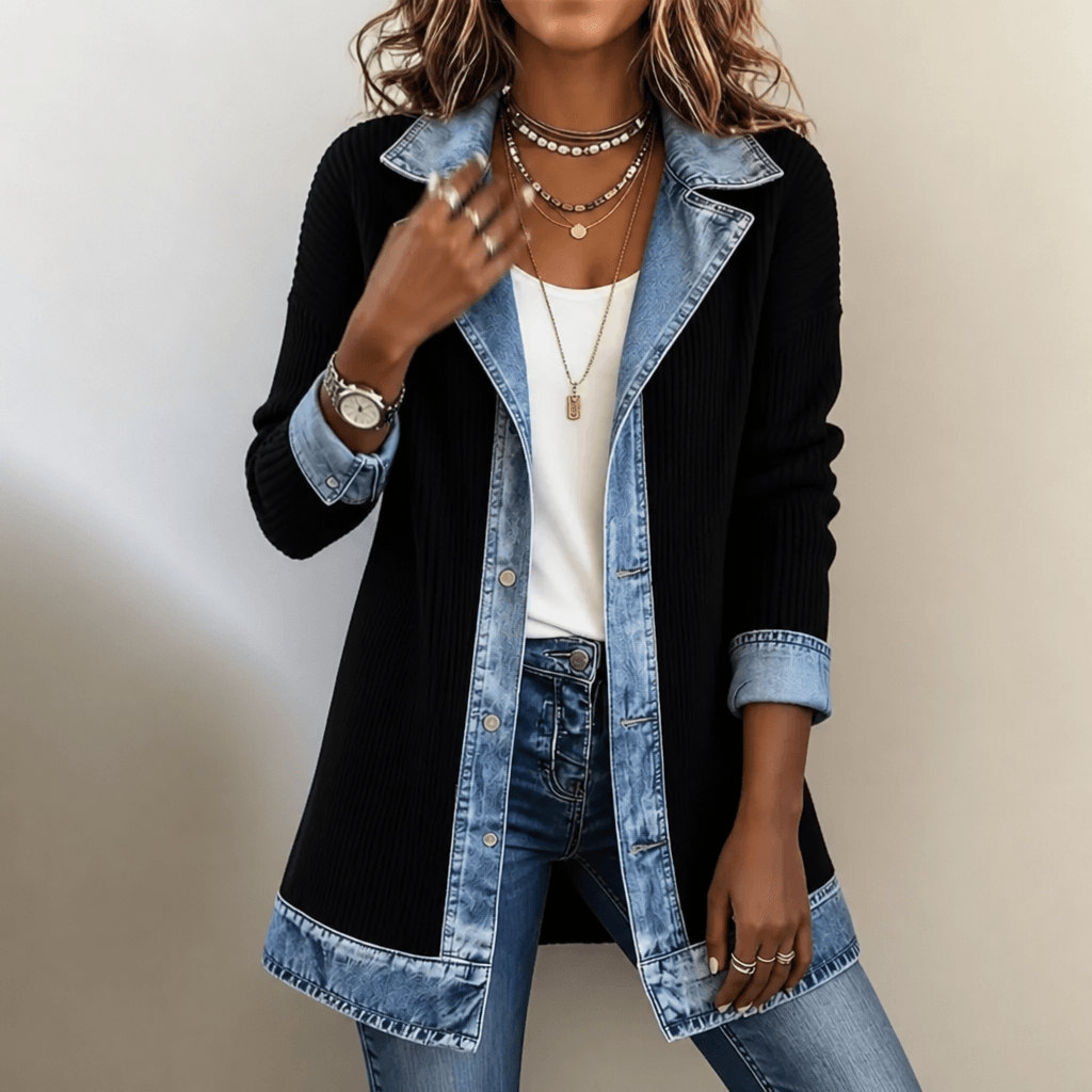Women's Ribbed Knit Cardigan Coat with Denim Panel Trim
