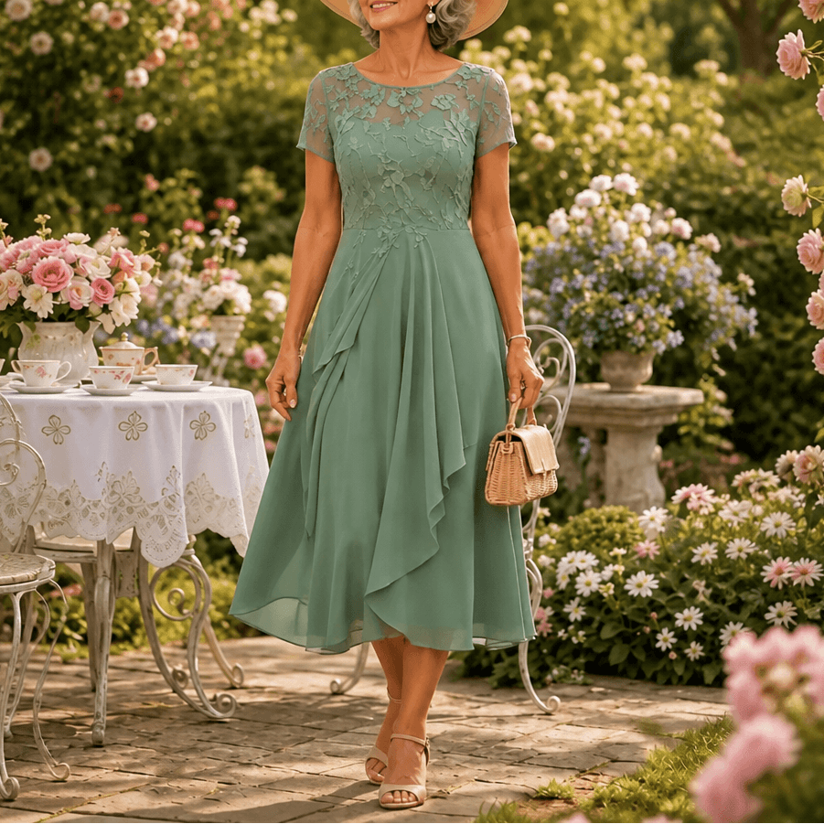 Women's Lace Bodice Chiffon Dress with Ruffled Hem