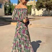 Arabella Off Shoulder Mesh Christmas Party Dress with Flowing Midi Skirt