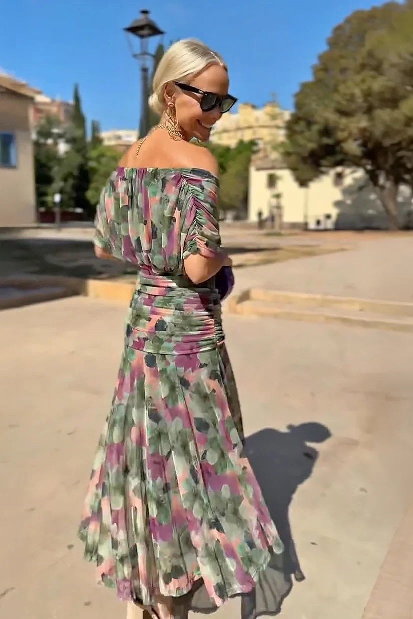 Arabella Off Shoulder Mesh Christmas Party Dress with Flowing Midi Skirt