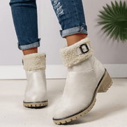 Women's Faux Suede Ankle Boots with Shearling Cuff and Block Heel