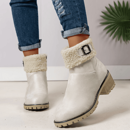 Women's Faux Suede Ankle Boots with Shearling Cuff and Block Heel