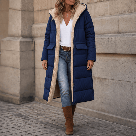 Reversa Women's Reversible Hooded Longline Winter Coat with Sherpa Lining