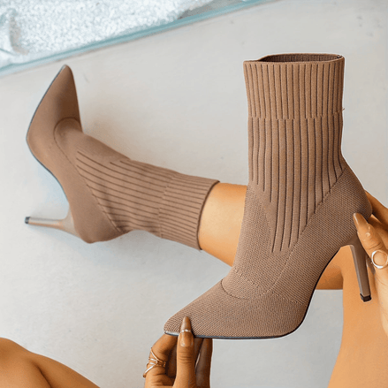 Pointed-Toe Ribbed Knit Women's Ankle Boots with Stiletto Heel