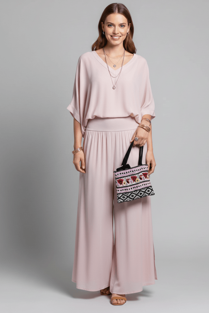 Natalie Chiffon Wide-Leg Women's Two-Piece Co-Ord Set with Draped Top