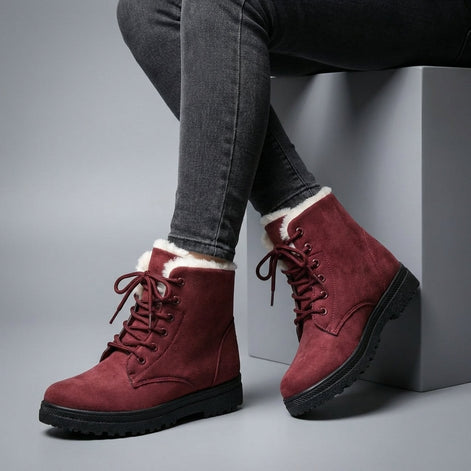 Women's Fur-Lined Suede Lace-Up Boots with Chunky Sole