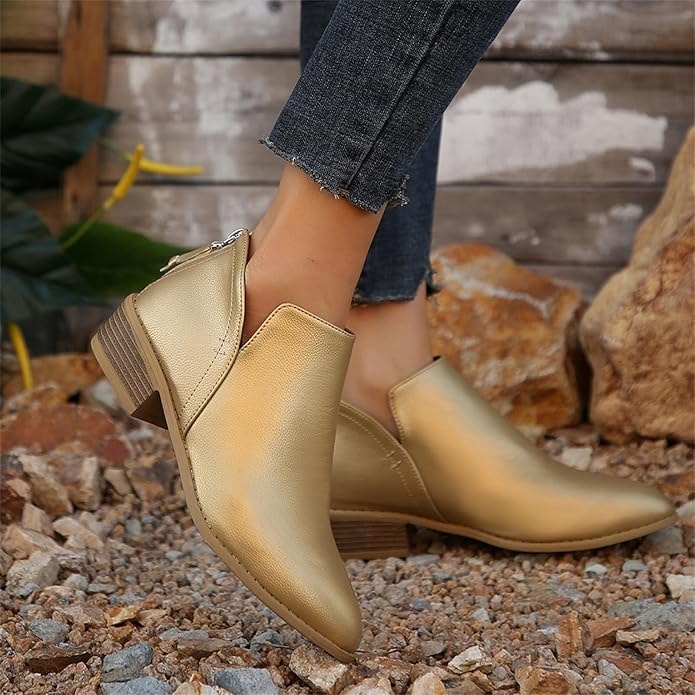 Ankle Low Heel Slip On Womens Boots with Back Zip Detail