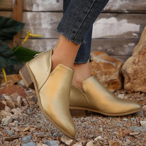 Ankle Low Heel Slip On Womens Boots with Back Zip Detail